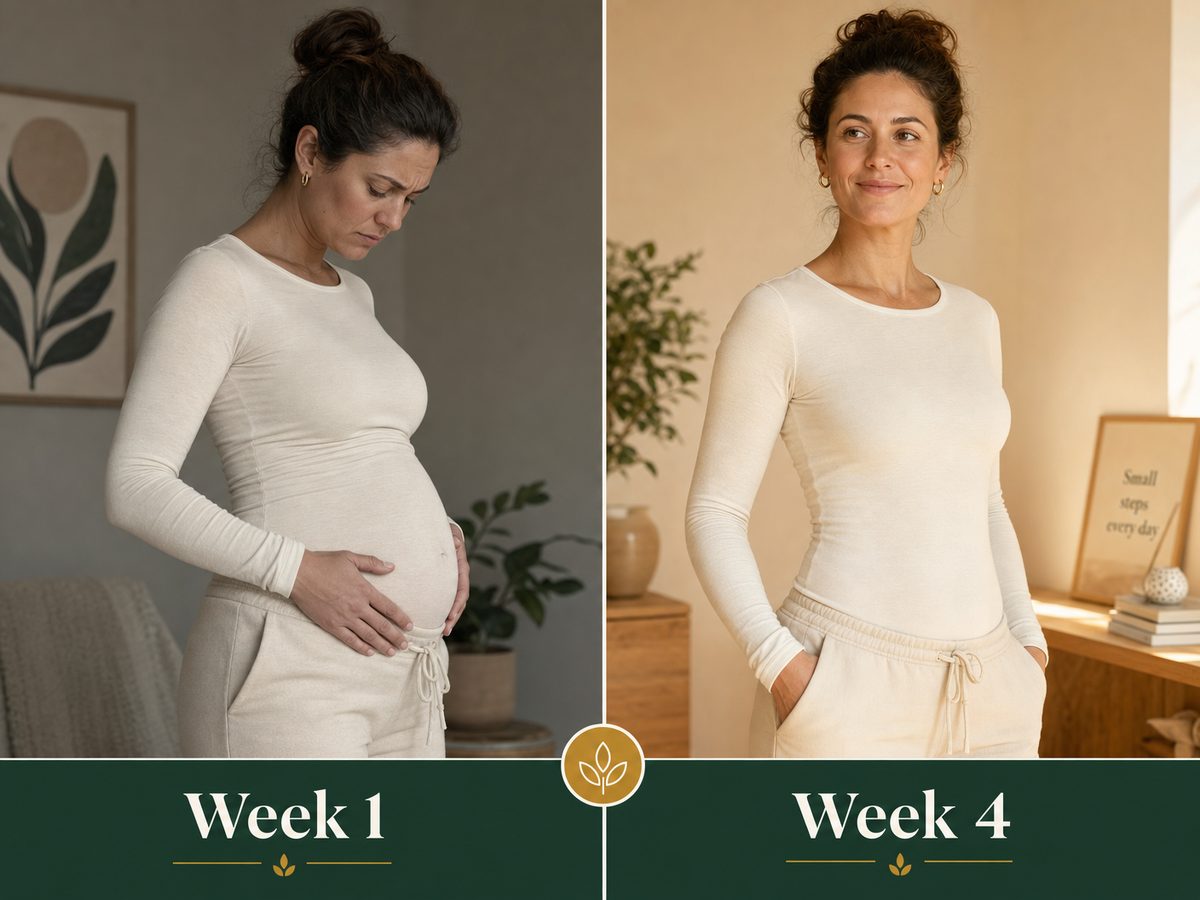 Before and after belly bloat comparison: Week 1 vs Week 4 with Omyo