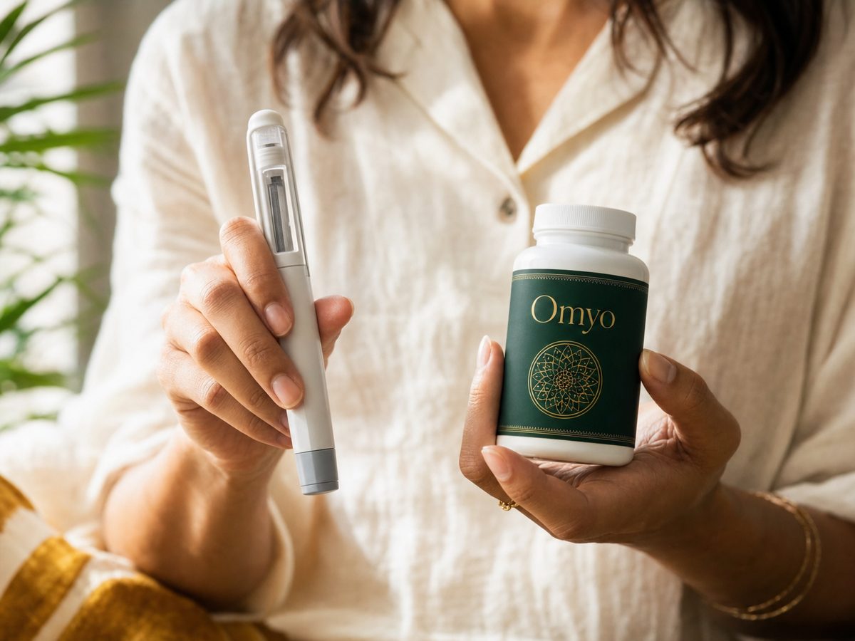 Hand holding GLP-1 injection pen alongside Omyo supplement bottle